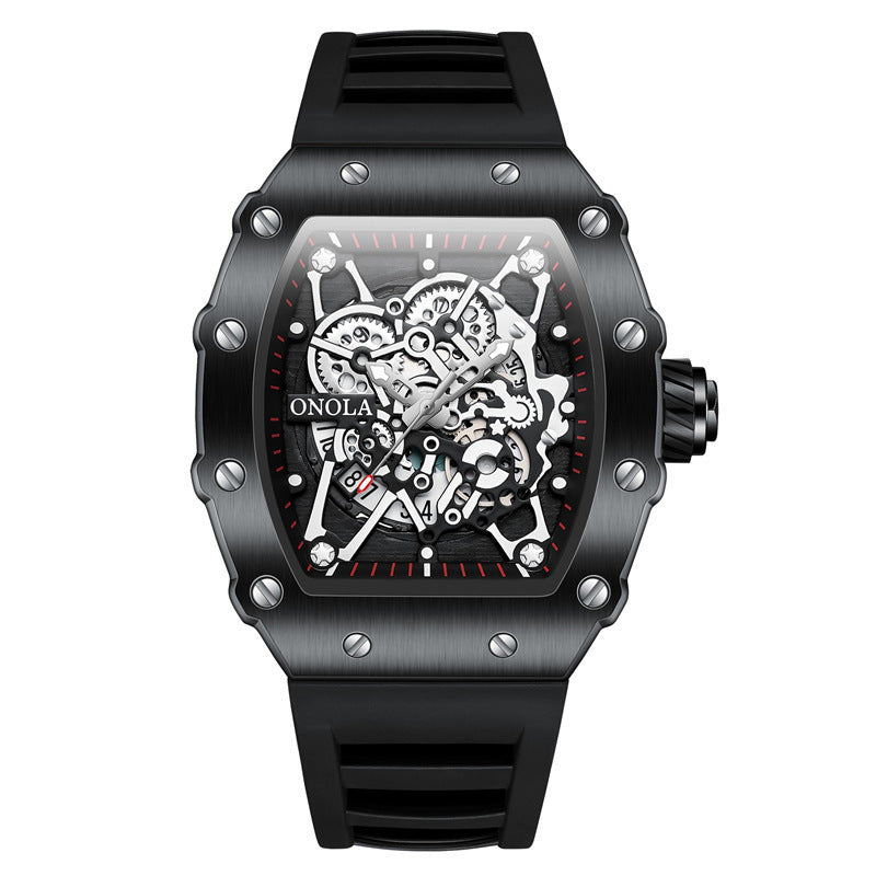 ONOLA Watch Automatic RX-Series limited edition with black alloy case, skeleton dial, and black silicone strap