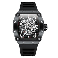 ONOLA Watch Automatic RX-Series limited edition with black alloy case, skeleton dial, and black silicone strap