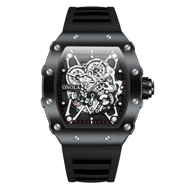 ONOLA Watch Automatic RX-Series limited edition with black alloy case, skeleton dial, and black silicone strap