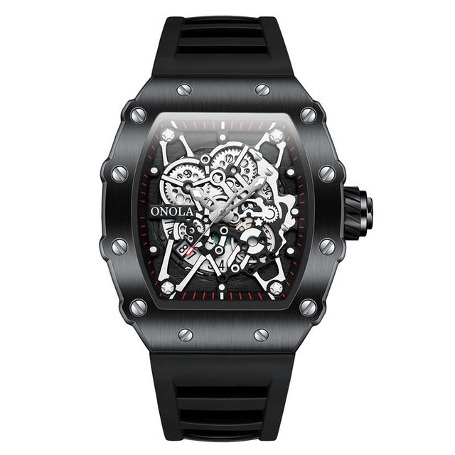 ONOLA Watch Automatic RX-Series limited edition with black alloy case, skeleton dial, and black silicone strap
