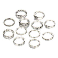 Set of 12 silver stackable rings with various designs and accents for versatile styling