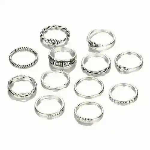 set of 12 silver Golden Gem Stackable Rings with various designs and stone accents