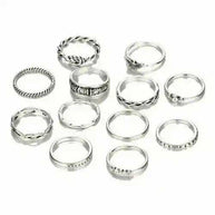 set of 12 silver Golden Gem Stackable Rings with various designs and stone accents