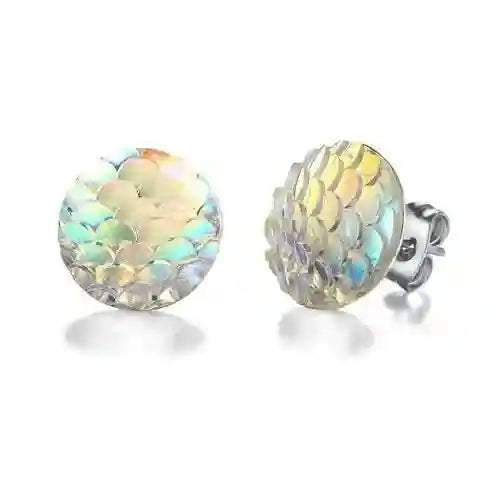 Mermaid stud earrings with iridescent scale design, lightweight and durable zinc alloy and resin.