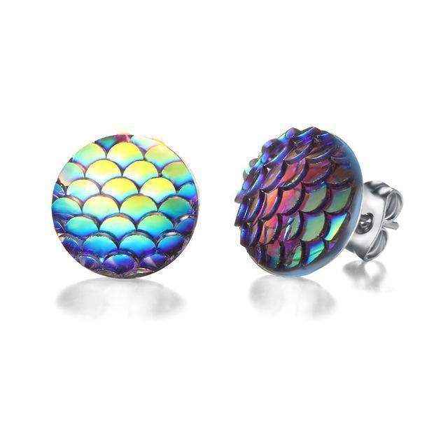 Colorful mermaid stud earrings with iridescent scale design, lightweight zinc alloy and resin, ocean-inspired fashion accessory.