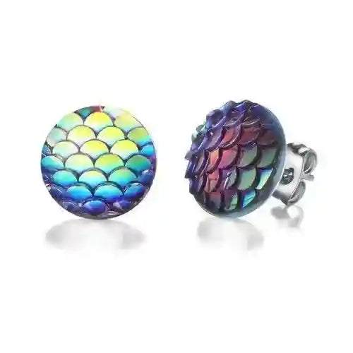 Colorful mermaid scale pattern stud earrings made of durable zinc alloy and resin, lightweight and stylish ocean-inspired jewelry.