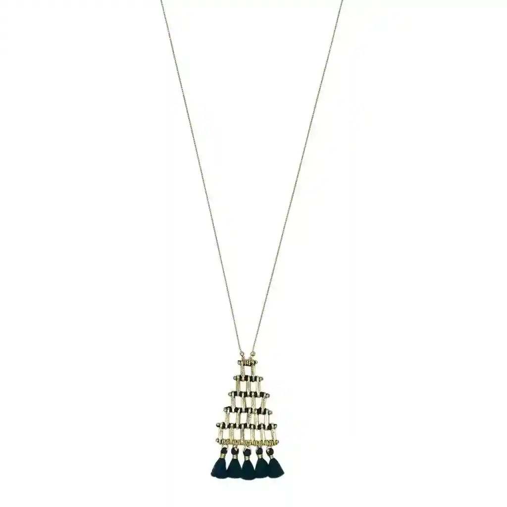 Kai Pyramid Tassel Necklace with zinc alloy pyramid pendant and cotton tassels on long chain
