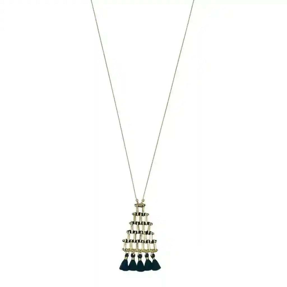 Kai Pyramid Tassel Necklace with zinc alloy pyramid pendant and cotton tassels on long chain