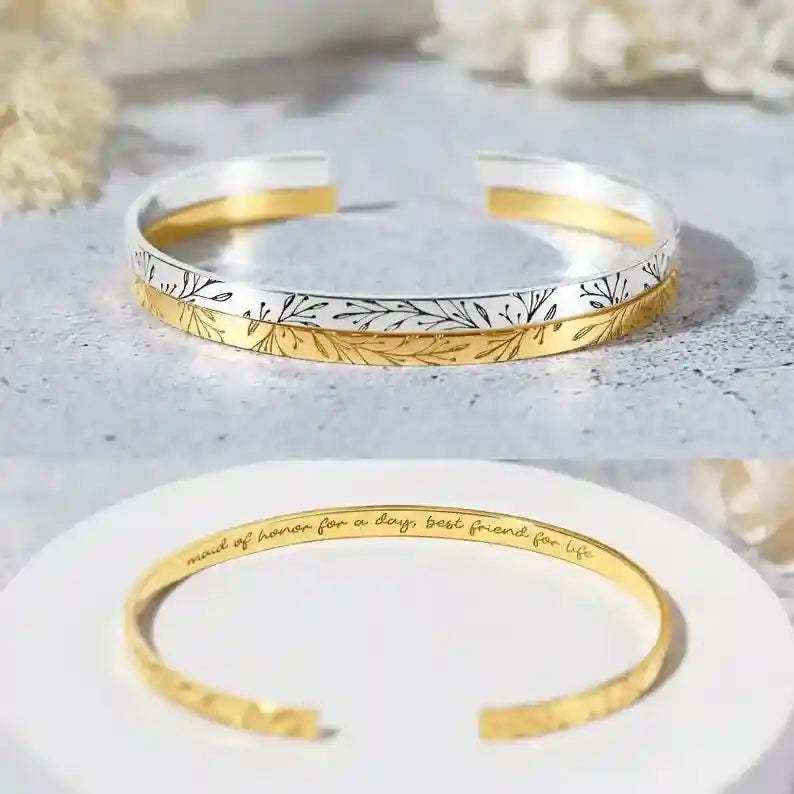 Bridesmaid Sparkle Bracelet with silver and gold tones, delicate leaf design, adjustable cuff, and engraved meaningful message inside.