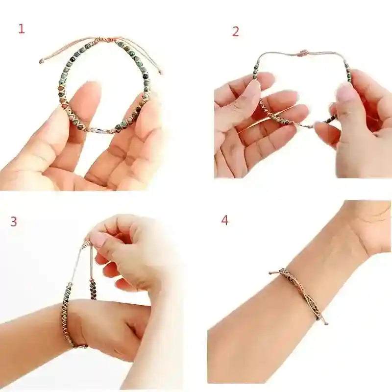 Imperial Jasper Macrame Bracelet shown in steps of adjusting and wearing, featuring natural jasper beads and durable cord design