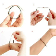 Imperial Jasper Macrame Bracelet shown in steps of adjusting and wearing, featuring natural jasper beads and durable cord design