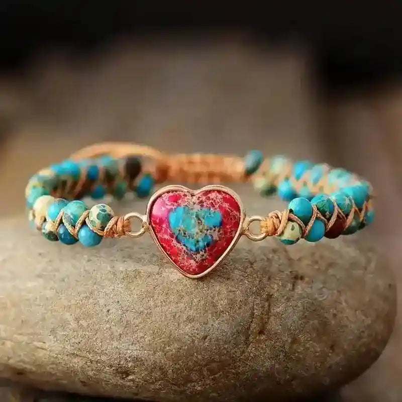 Imperial Jasper Macrame Bracelet with heart-shaped jasper centerpiece and turquoise beads on adjustable cord