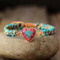 Imperial Jasper Macrame Bracelet with heart-shaped jasper centerpiece and turquoise beads on adjustable cord