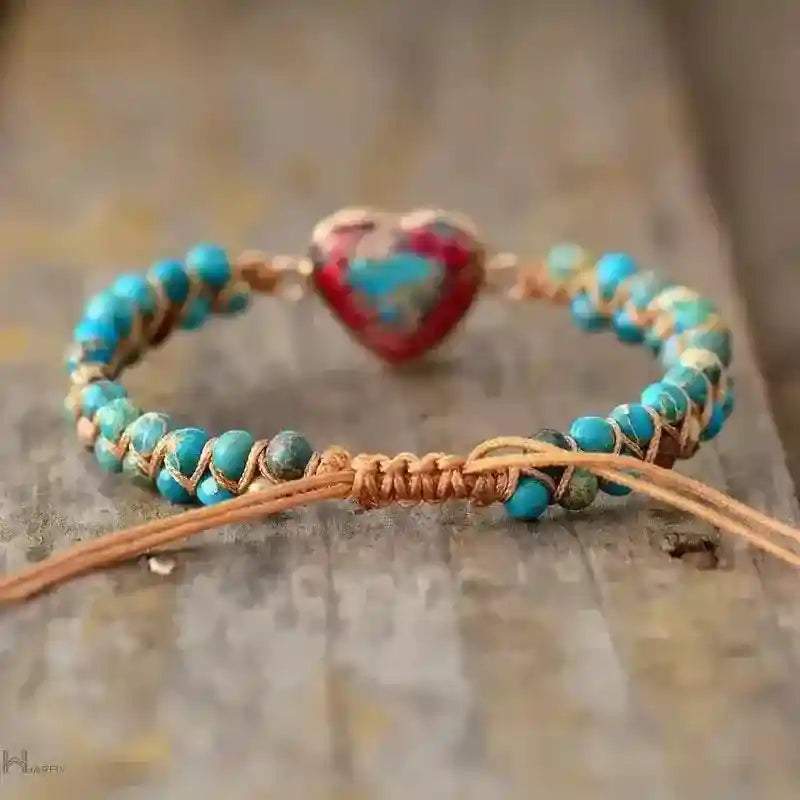Imperial Jasper Macrame Bracelet with turquoise beads and heart charm on adjustable tan cord