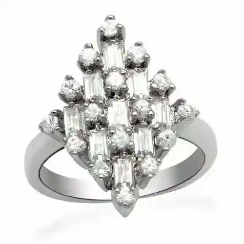 Clear CZ Rhodium Ring with polished rhodium-plated brass and sparkling cubic zirconia stones in a geometric design