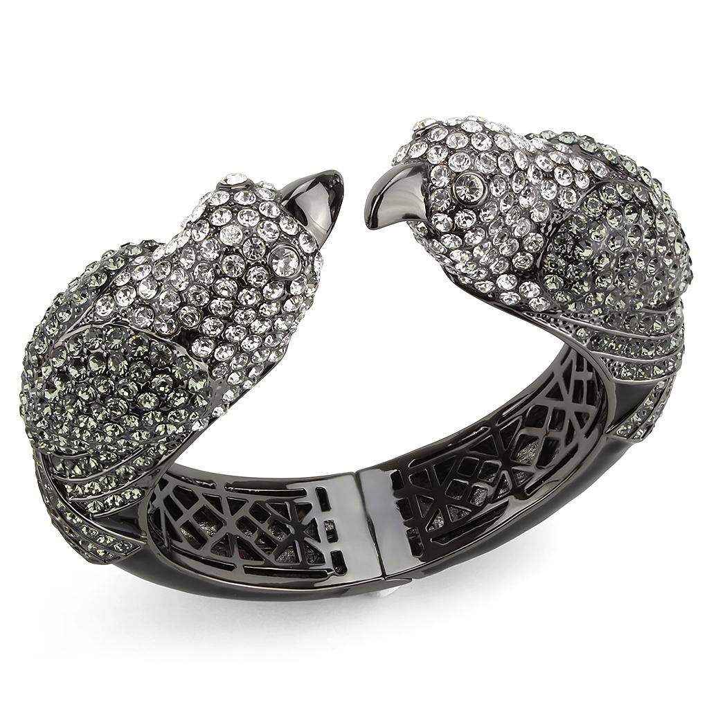 Ruthenium Crystal Multi-Color Bangle with bird design and sparkling crystals on black ruthenium-plated brass band