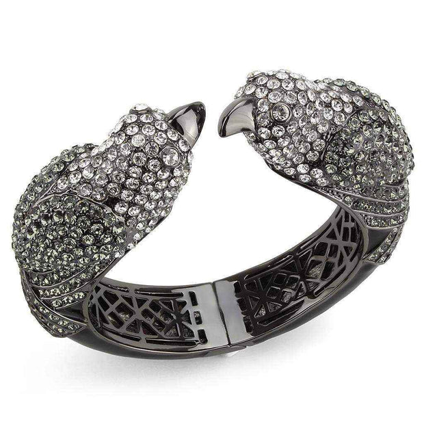 Ruthenium Crystal Multi-Color Bangle with bird design and sparkling crystals on black ruthenium-plated brass band