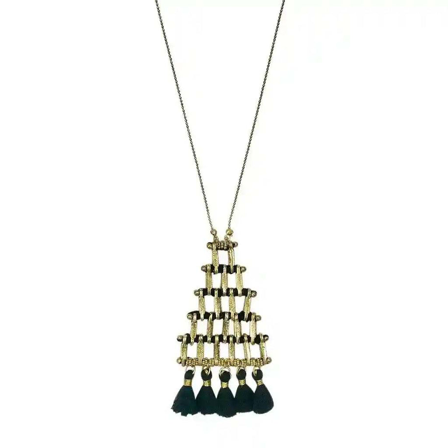 Kai Pyramid Tassel Necklace with handmade zinc alloy pyramid pendant and black cotton tassels on long chain