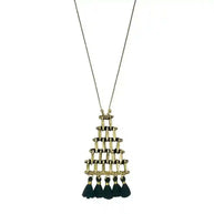 Kai Pyramid Tassel Necklace with handmade zinc alloy pyramid pendant and black cotton tassels on long chain