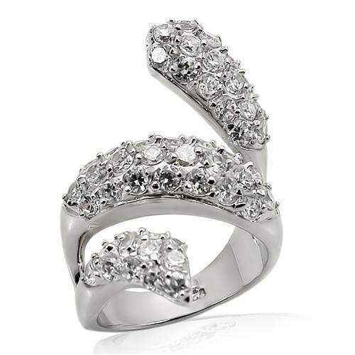 Close-up of a Clear CZ Sterling Ring with multiple sparkling cubic zirconia stones set in polished 925 sterling silver with rhodium plating.