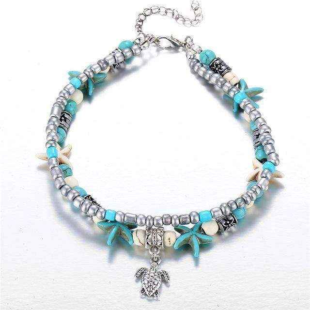 Ocean Double Layer Anklet with turquoise beads, starfish accents, and turtle charm for coastal style accessory