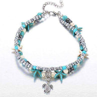 Ocean Double Layer Anklet with turquoise beads, starfish accents, and turtle charm for coastal style accessory
