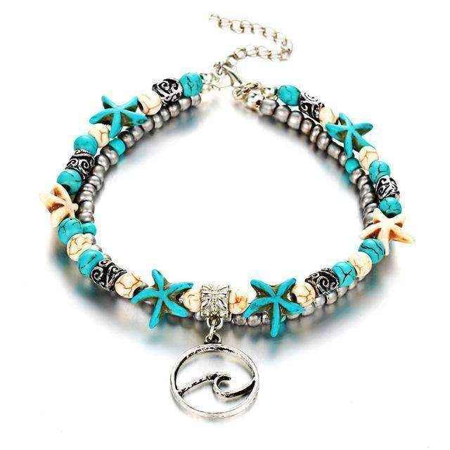 Ocean Double Layer Anklet with turquoise starfish beads and silver wave pendant, beach-inspired jewelry accessory