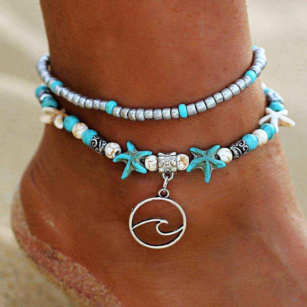 Ocean Double Layer Anklet with ocean wave pendant and turquoise starfish beads on ankle