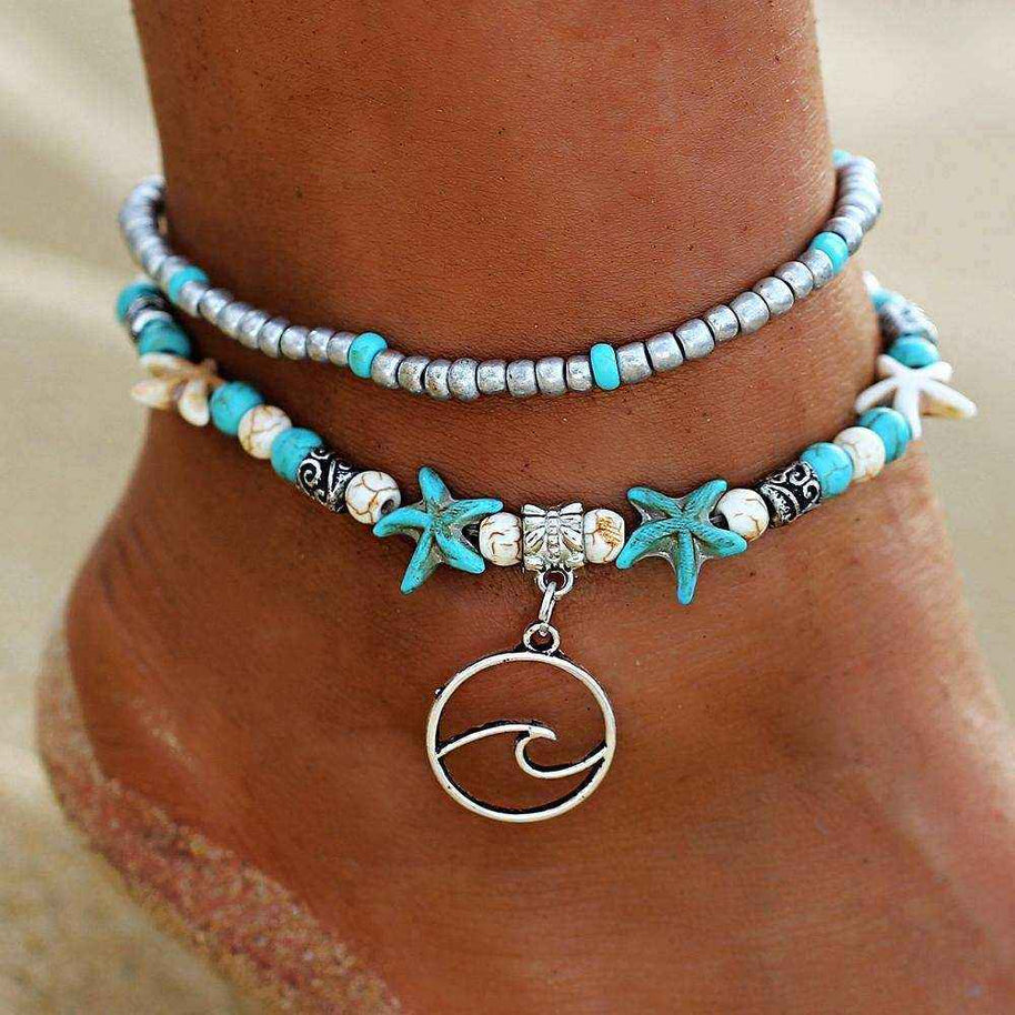 Ocean Double Layer Anklet with ocean wave pendant and turquoise starfish beads on ankle