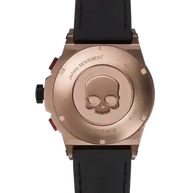 Back of Otto Chrono Watch with rose-gold plated steel case and black silicone strap featuring skull engraving