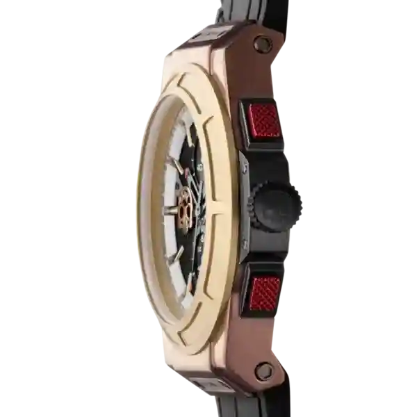 Otto Chrono Watch with rose gold case, yellow gold bezel, black carbon fiber dial, and black silicone strap.