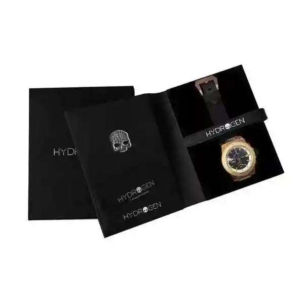 Otto Chrono Watch with rose gold, yellow gold bezel, black carbon fiber dial, metallic gold skull, black silicone croc strap in black Hydrogen box