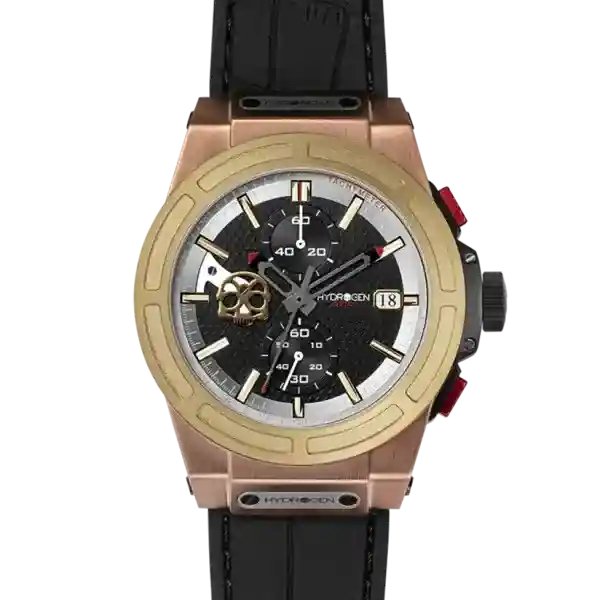 Otto Chrono Watch with rose-gold steel case, yellow-gold bezel, black carbon fiber dial with gold skull, and black silicone strap