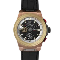 Otto Chrono Watch with rose-gold steel case, yellow-gold bezel, black carbon fiber dial with gold skull, and black silicone strap