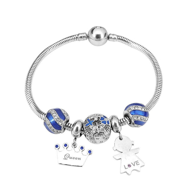 Panjia Blue Starry Sky Stainless Steel Bracelet Christmas Snowflake Girl Pendant Bracelet DIY Glass Beads - AuriJewel - 0