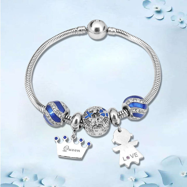 Panjia Blue Starry Sky Stainless Steel Bracelet Christmas Snowflake Girl Pendant Bracelet DIY Glass Beads - AuriJewel - 0
