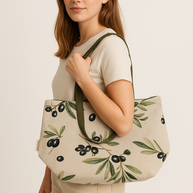 Durable Lunch Bag Mediterranean Bliss with olive branch print carried by woman, stylish cotton linen reusable lunch tote