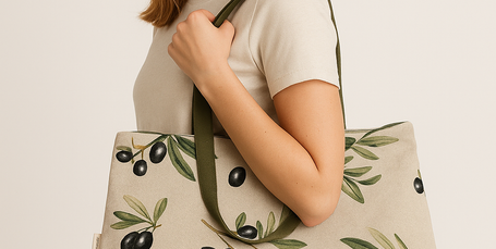 Durable Lunch Bag Mediterranean Bliss with olive branch print carried by woman, stylish cotton linen reusable lunch tote