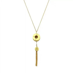 Gold-plated bullet tassel necklace with recycled bomb shell pendant and chain tassel detail