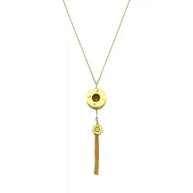 Gold-plated bullet tassel necklace with recycled bomb shell pendant and chain tassel detail