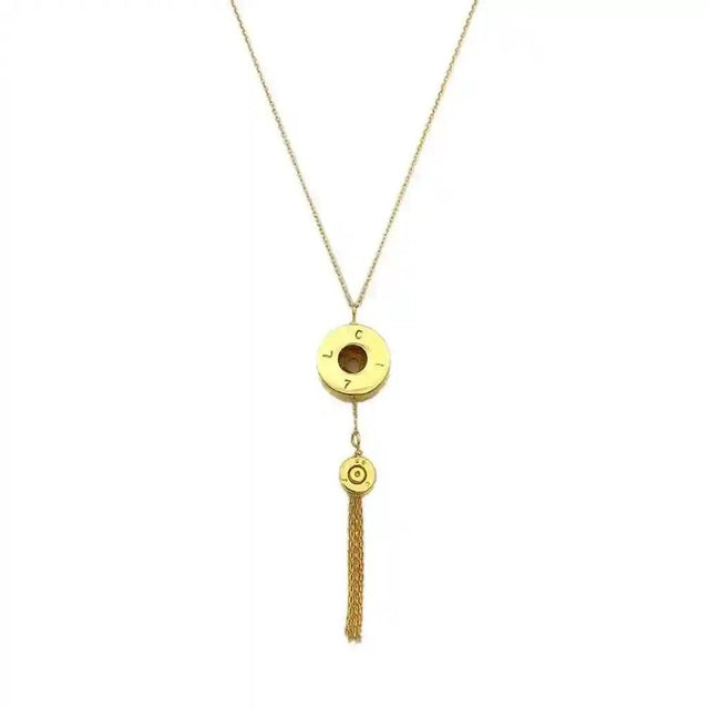 Gold-plated bullet tassel necklace with recycled bomb shell pendant and chain tassel detail