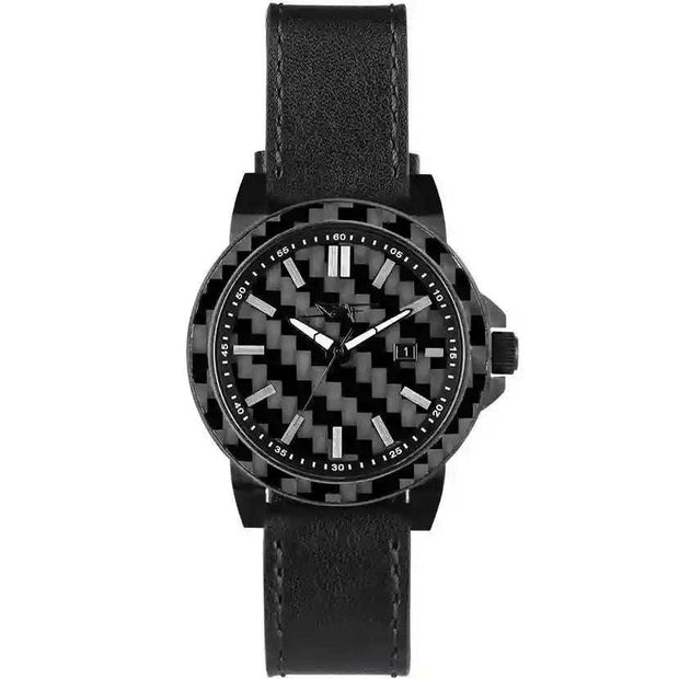 Stealth Apollo Carbon Watch with 42mm stainless steel case, carbon fiber dial and bezel, black leather strap, and quartz movement.