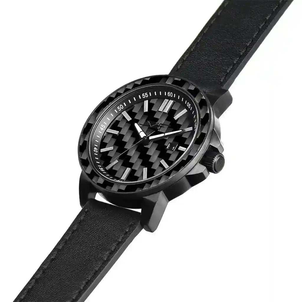 Stealth Apollo Carbon Watch with 42mm stainless steel case, carbon fiber dial and bezel, and black leather strap.