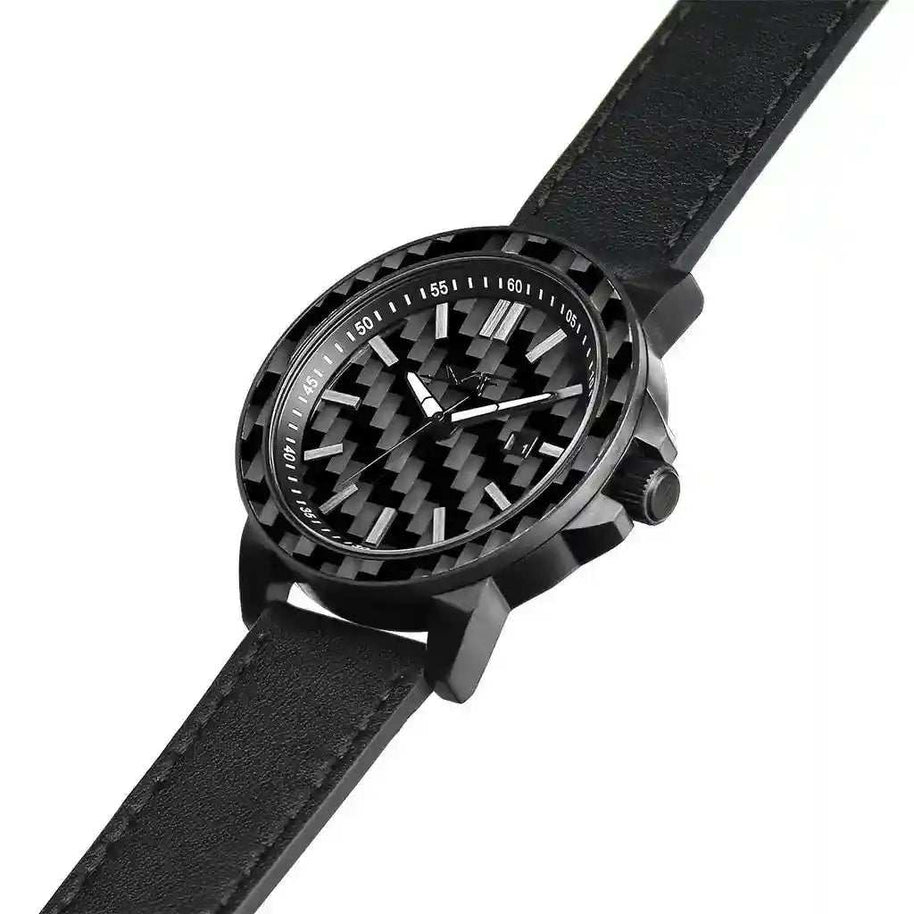 Stealth Apollo Carbon Watch with 42mm stainless steel case, carbon fiber dial and bezel, and black leather strap.