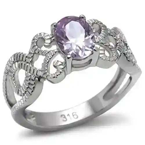 Light amethyst CZ steel ring with polished stainless steel and intricate band design