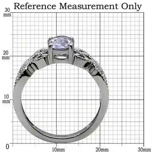 Light amethyst CZ cubic zirconia steel ring with polished stainless steel band on measurement grid