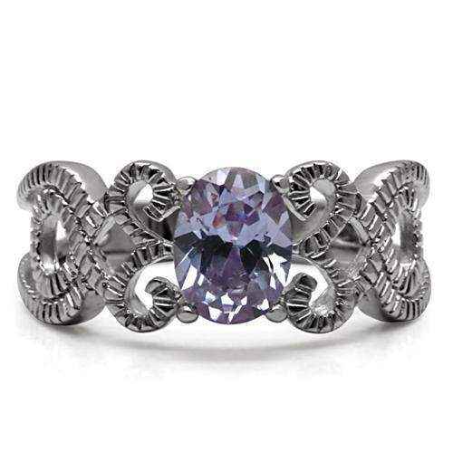 Light amethyst CZ steel ring with intricate polished stainless steel band