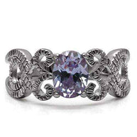 Light amethyst CZ steel ring with intricate polished stainless steel band