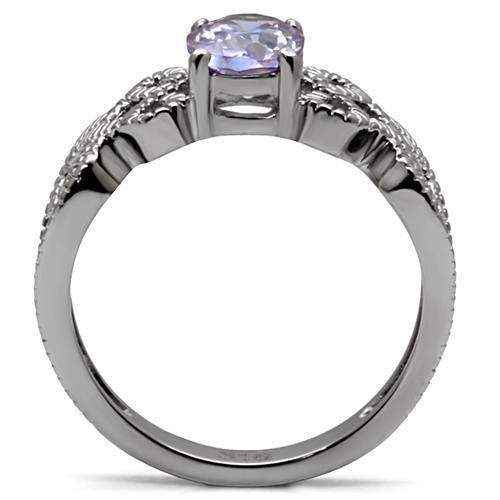Light Amethyst CZ steel ring with polished stainless steel band and light amethyst cubic zirconia gemstone