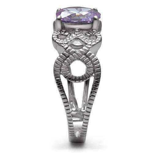 Light Amethyst CZ ring with polished stainless steel band and intricate design